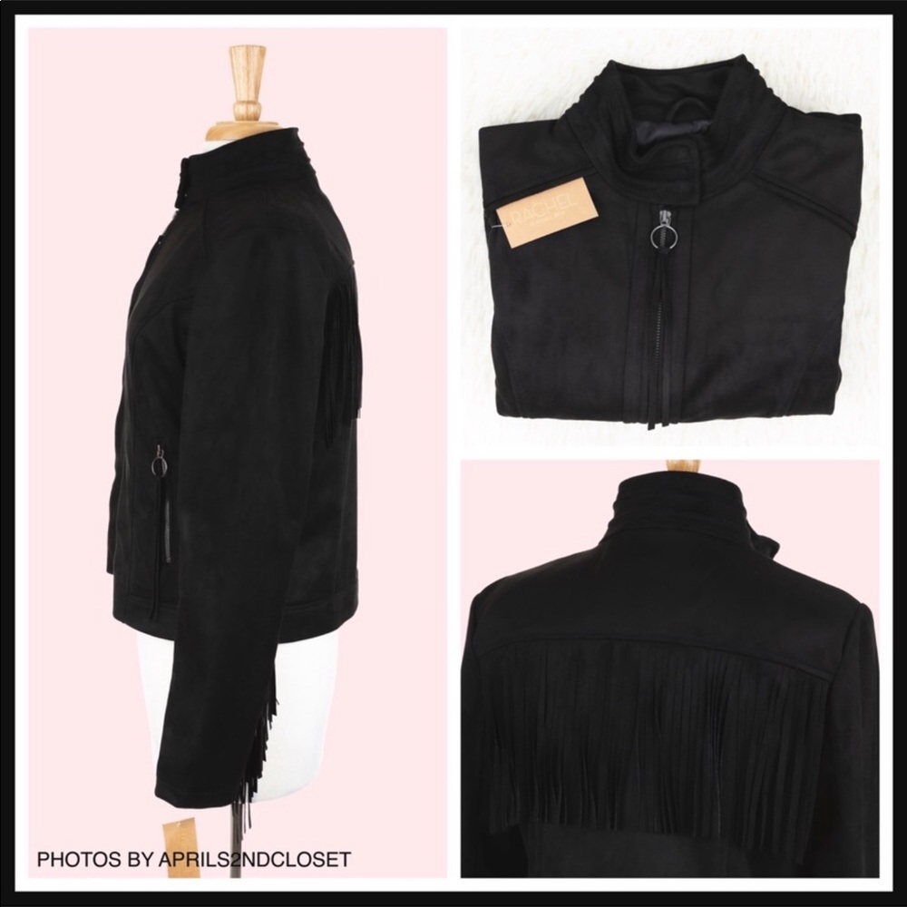 BLACK VEGAN SUEDE BOHO FRINGE MOTO JACKET A3C - Picture 6 of 8